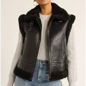 Scoop‎ Womens Vest Faux Suede Zip with Faux Shearling Lining Black Soot Size S